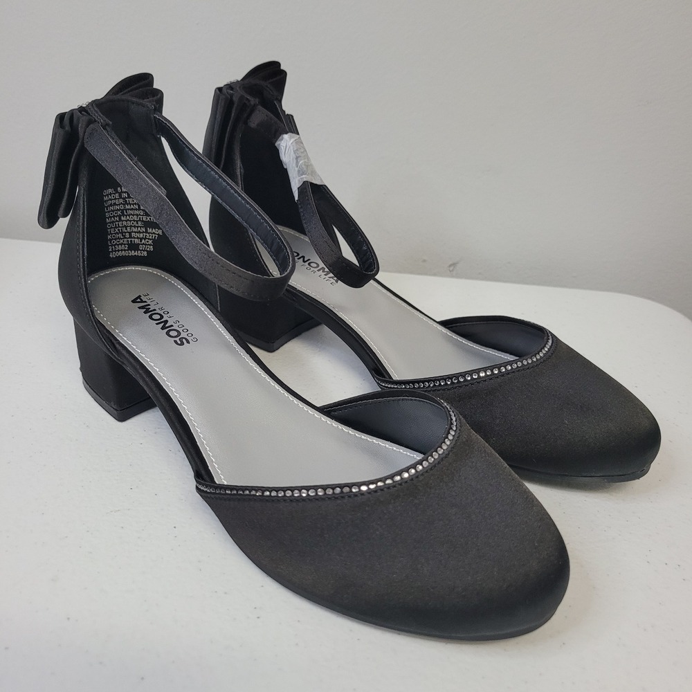 Sonoma Goods For Life Lockett Girls Black‎ Satin Rhinestone Bow Dress Shoes 5M
